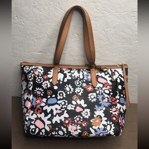 Fossil Large Tote Multicolor Floral Coated Canvas Leather Handles & Metal Feet